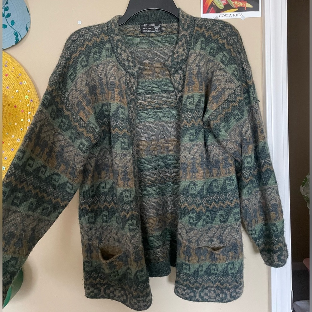 Vintage Handmade green Alpaca print wool cardigan, with pockets